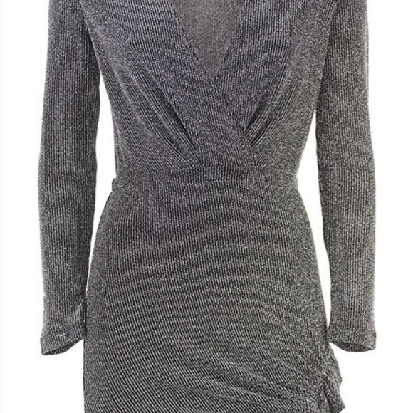 NWT -IRO Noize Ruffled Wrap Effect Metallic Silver Black Rib Knit Mini Dress 40 - Picture 4 of 7